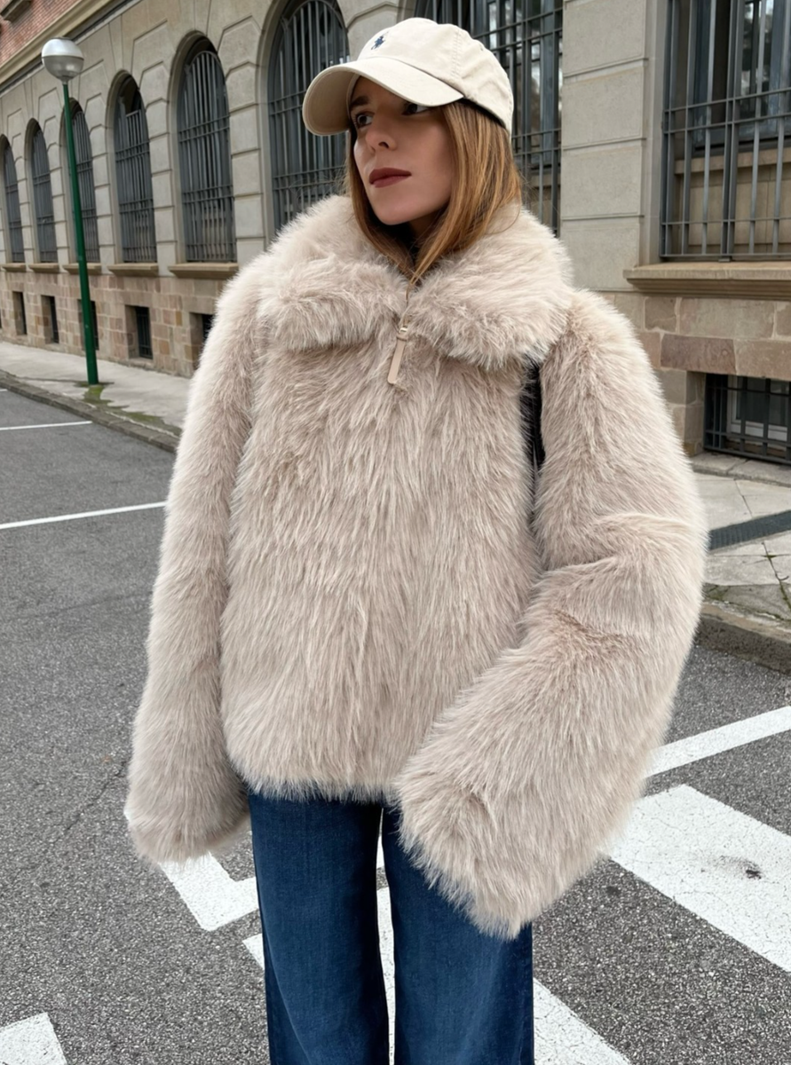 Zara Double Faced Faux Fur Jacket Taupe Grey Beige Cream Size XL