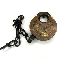 Excelsior 6 Lever Brass Pancake Padlock w/ Chain Antique Lock L4 No Key