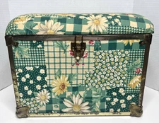 VTG Padded Sewing Storage Box Deco Trunk Floral Gingham mystery contents include
