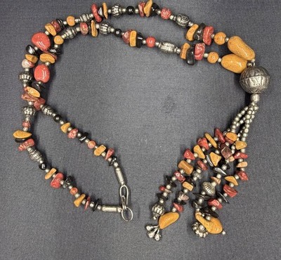 Vintage Necklace Statement Multicolor Gemstones Tassel Pendant Boho Fashion, 24''
