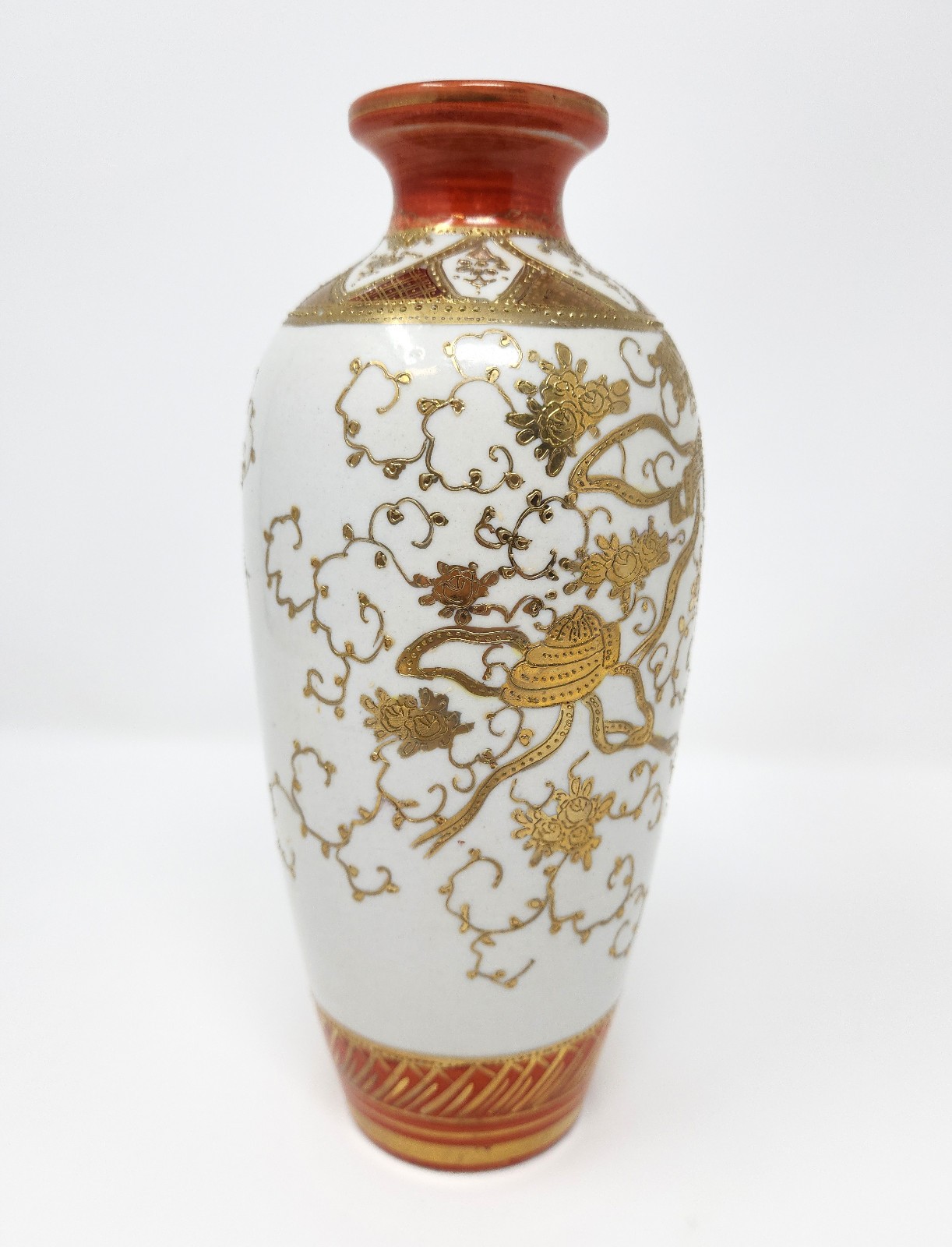 Antique Japanese Kutani Porcelain Kabuto Samurai Helmet Ribbon Vase Gold Moriage