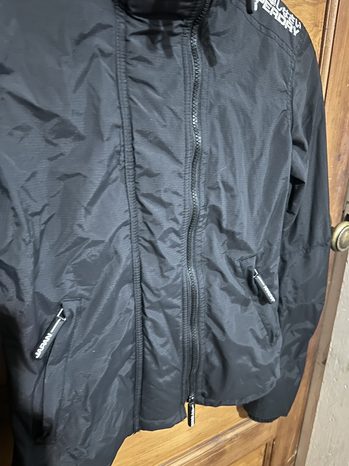 Superdry Women's Black ‘THE Windcheater’ 3 zip Jacket XS wool neck/sleeves EXCON image 10