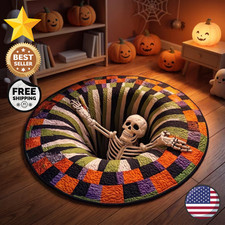 Halloween 3D Vortex Round Rug, Novelty Ghost Skeleton 3D Optical Illusion Rugs