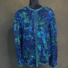 Vintage Laurence Kazar Silk Sequin Jacket XL Blue Green Beaded Evening Coat 80s