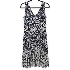 Boden Elisa Sleeveless Midi Dress V-Neck Blue White Floral Print Knit 8 Petite