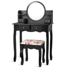 Makeup Dressing Table Cushioned seat Vanity Table Set w/ Drawers Oval Mirror