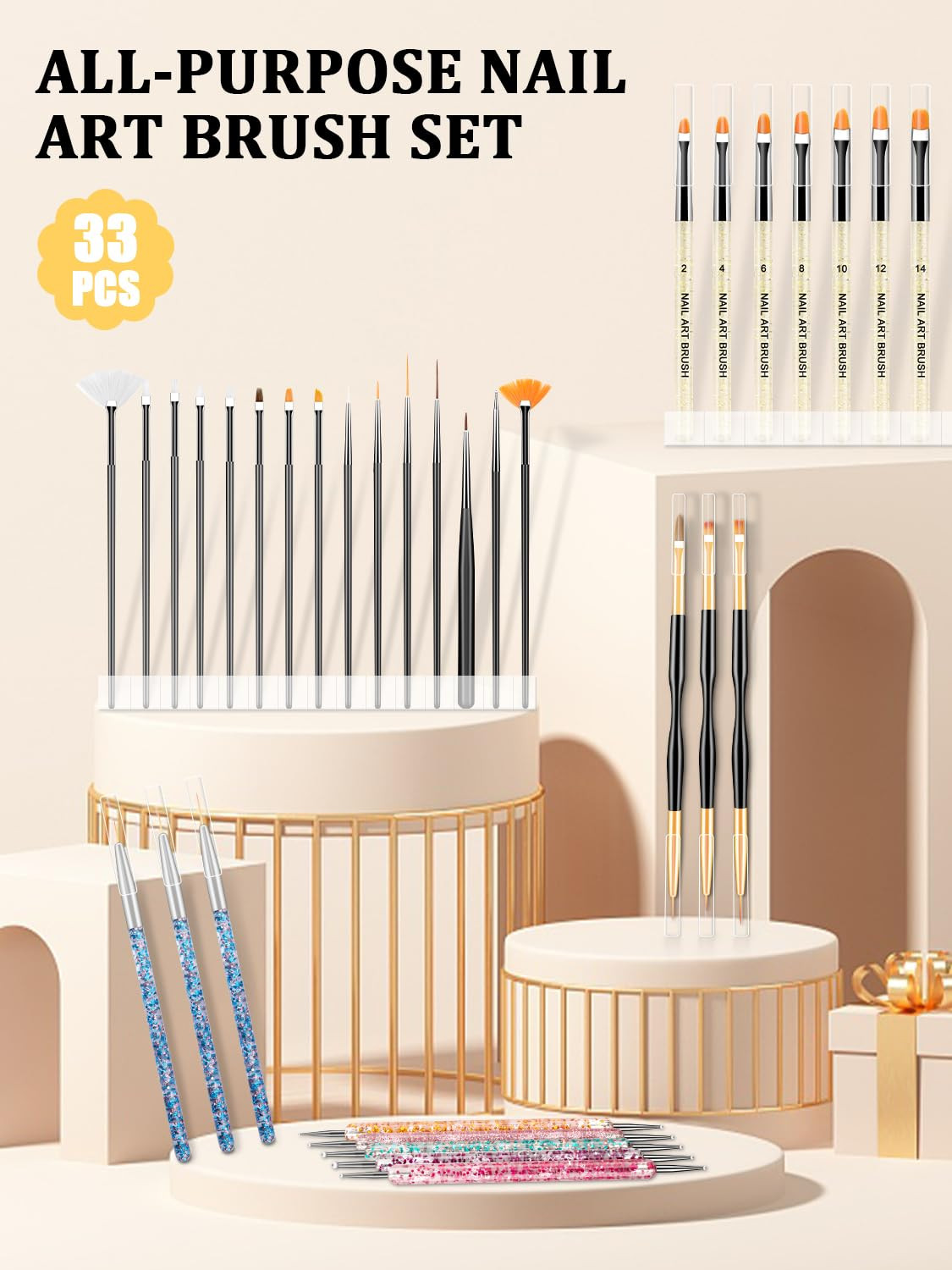 33PCS Nail Art Brushes Set, Nail Tech Supplies Accessories Kit, Design Tools wit