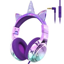 Unicorn Headphones Wired with Mic, 85/94dB Safe Volume Limit, Sparkly Wired H...
