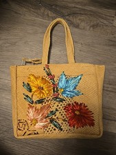Vtg Raffia Straw Woven Purse Hand Bag Tote Embroidered Flowers 60s 70s Boho