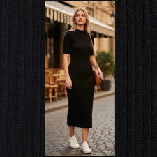 Vestido Zara Grande Punto Acanalado Midi Negro Mezcla Cachemira Cuello Simulado Mangas Cortas
