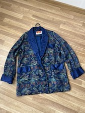 Vintage Oriental Tea Hse Fishing Men's Chinese Blue Silk Smoking Jacket Chest 46