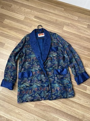 Vintage Oriental Tea Hse Fishing Men's Chinese Blue Silk Smoking Jacket Chest 46