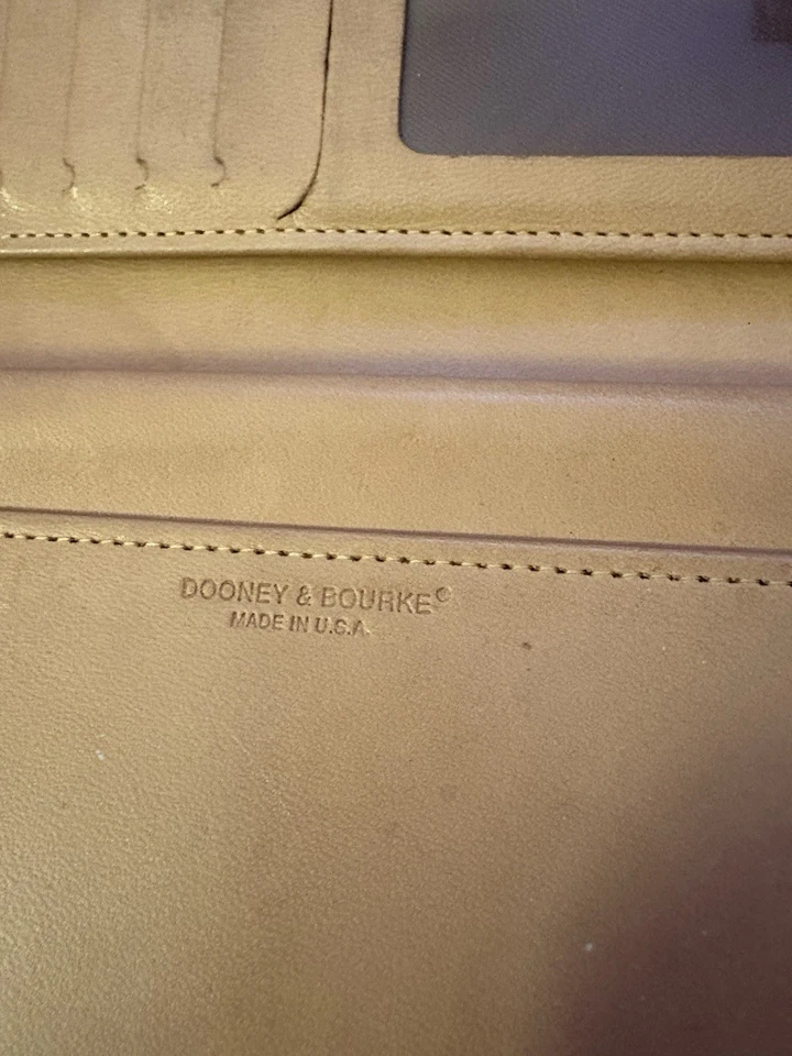 Dooney and Bourke Vintage Tri-Fold Wallet Beige/Brown Leather Checkbook ID Card - Image 4 of 4