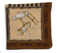 FENDI WOMEN HANDKERCHIEF COTTON GOLD CHAIN BROWN CHECK STRIPED POCKET SQUARE 18  