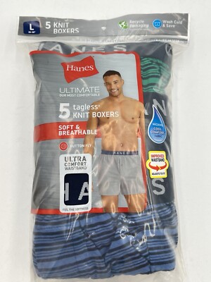 NEW HANES ULTIMATE KNIT BOXERS  SZ L  36-38'' For MEN'S COTTON Solid 5 PACK 9612