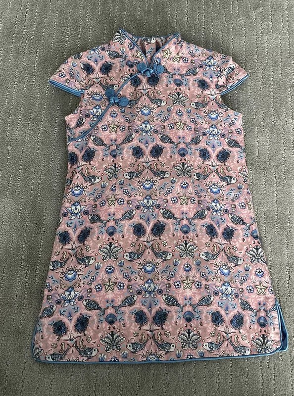 EUC Chinese Qipao dresse Pink Blue Fish Lotus￼ Toddler girl  Fits 90cm (2-3t)