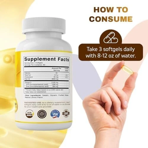 Vitamatic Triple Strength Omega 3 Fish Oil 3600mg Per Serving, 2160mg Omega 3 Fa - Picture 3 of 7
