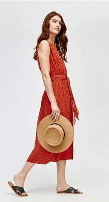 Warehouse Rust Orange Bumble Bee Print Belted Midi Shirt Dress size 8  Summer | eBay