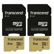 2x Transcend 8GB UHS-1 Class 10 micro SD 500S Read up to 95MB/s With SD Adapter