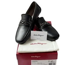 Ferragamo Lagos Gancini 9 EEE Loafers Black Leather Men's Drivers Dress Slip-on