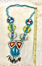 Vintage Native American seed beaded 7 medallion necklace, hand stitched backing