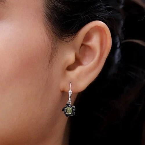 Peridot & Natural Thai Black Spinel Flower Earrings Platinum Over SS 1.80 ctw - Image 3 of 4