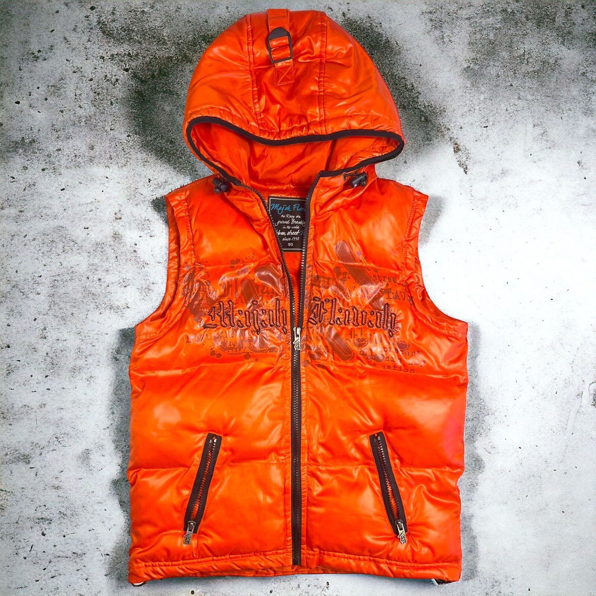 VINTAGE Y2K Majah Flavah Orange Hooded Puffer Vest Korean