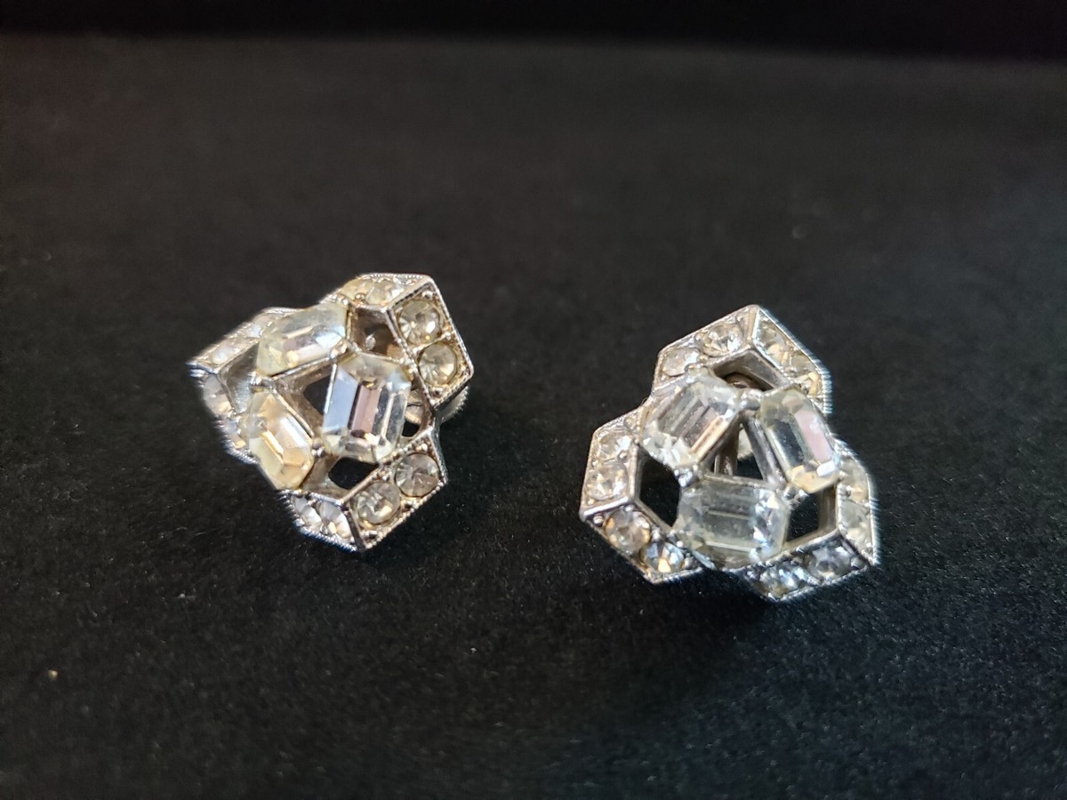 Vintage, Bogoff Screw Back Earrings Clear Rhinestone Cube Design