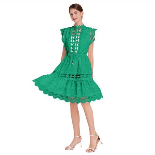 Abito da donna alla moda Guipure pizzo finto collo falbala cordino svasato - Foto 7 di 15