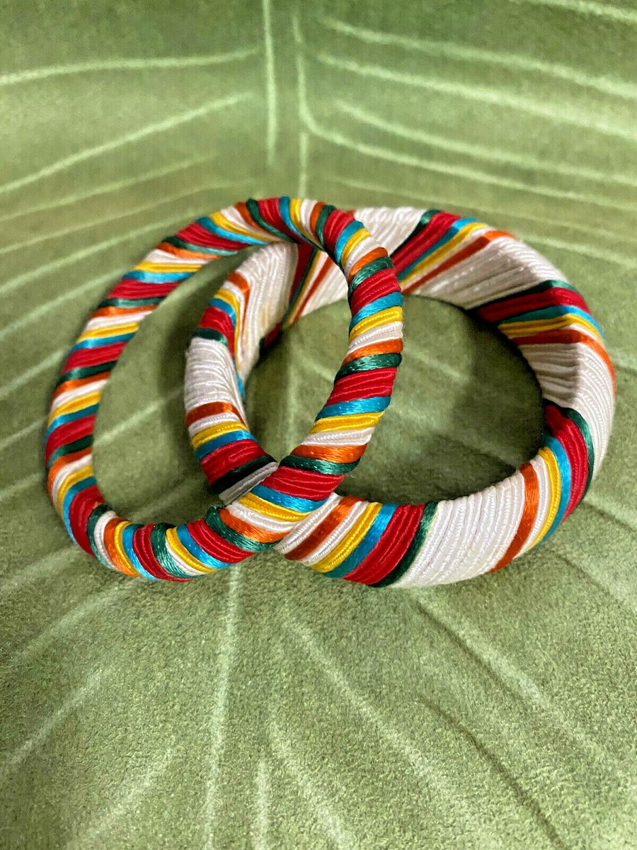 VINTAGE 90s MULTI-COLOR SATIN CORD WRAPPED BANGLE BRACELET SET