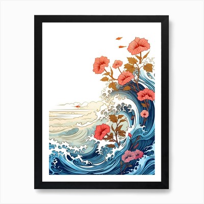 Great Wave With Morning Glory Flowe Framed Wall Art Poster Canvas Print Picture