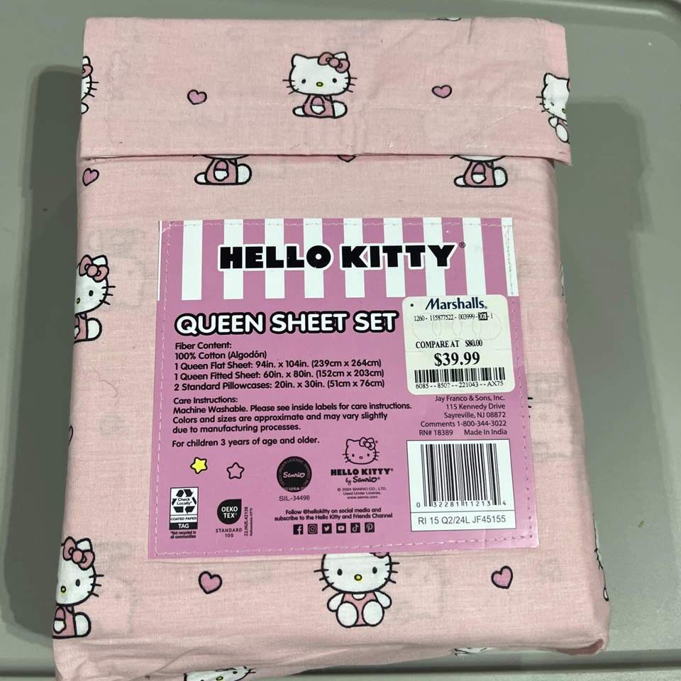 Nuevo Juego de Sábanas Sanrio’s Hello Kitty 4 Piezas Queen Rosa 100% Algodón Gatito Sentado Foto 4 de 4