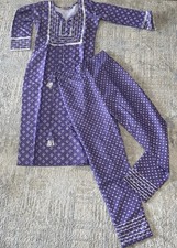 New Kurti/Kurta 3/4 Sleeve Tunic Pant Set Women XS India Bollywood Purple/Silver