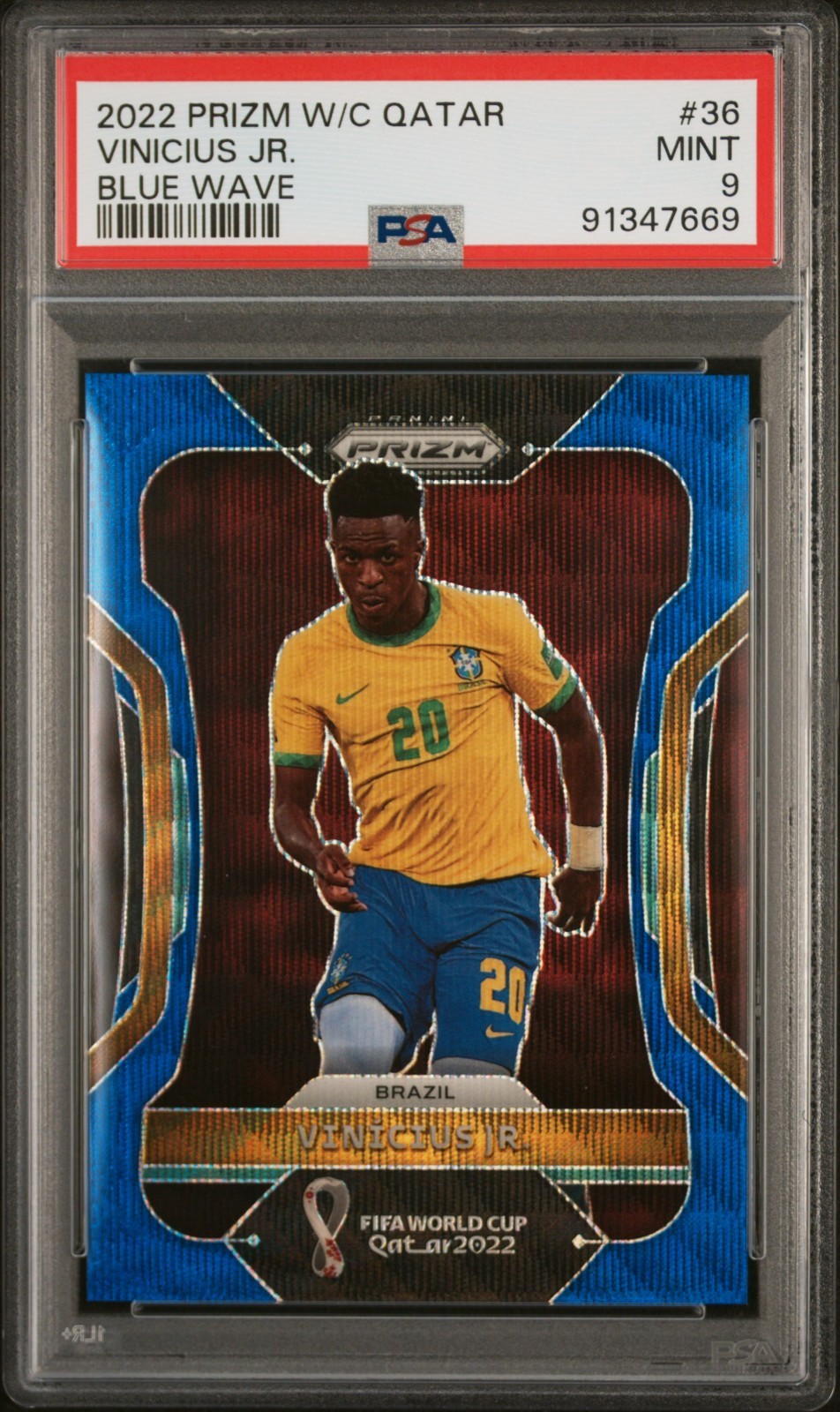 2022 Panini Prizm FIFA World Cup #36 Vinicius Jr. Blue Wave #/199 PSA 9