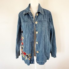 Vintage Women Embroidered Floral Denim Jean Jacket Medium Cottage Granny Layers