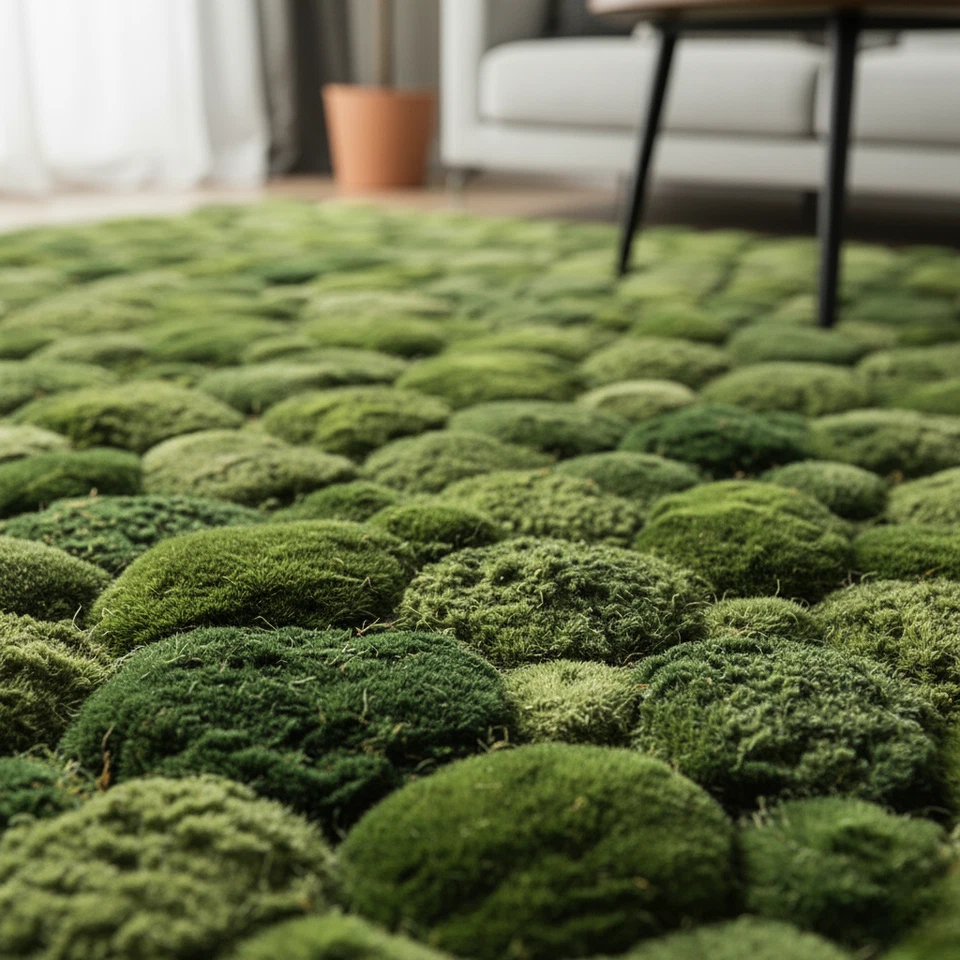 Alfombra de lana personalizada Moss Ball moderna acolchada a mano bosque verde para dormitorio Foto 3 de 4