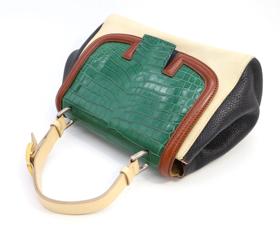 Auténtico bolso de mano Fendi Silverna cuero en relieve cocodrilo lona beige Foto 2 de 4