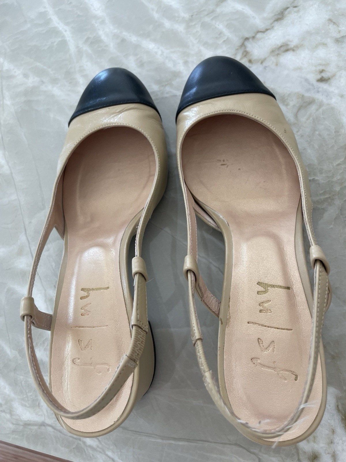 SAOLA Suola francese FS NY Tuckernuck slingback tacchi a bastone cammello napa nero taglia 7 5