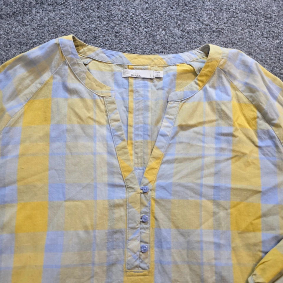 Prana Top Womens Large Yellow Gray Plaid Long Sleeve 1/4 Button Popover Casual - Image 2 of 4