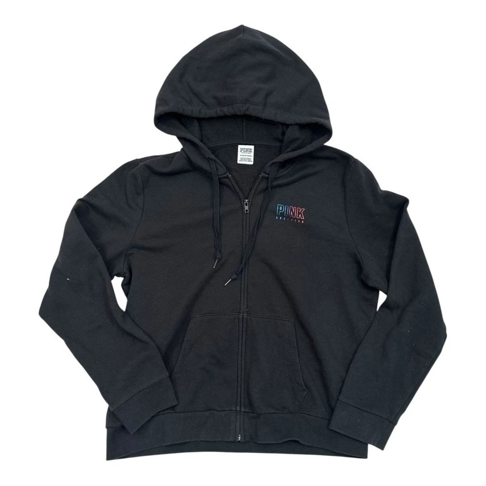 UNDERCOVER Felpa con cappuccio Victoria’s Secret ROSA nera full zip logo lamina arcobaleno metallizzato XL