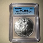2020 (P) SILVER EAGLE ICG MS70 EMERGENCY ISSUE MINTED AT PHILADELPHIA MINT LABEL