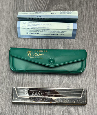 Vintage Hohner Echo Tremolo Harmonica Key C Made In Germany Green Case Booklet