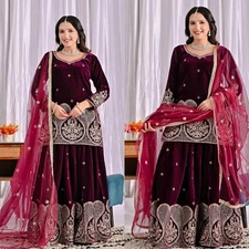 New Attractive Maroon Viscose Velvet Kurta Palazzo With Dupatta For Women