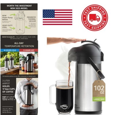 Large 3L Coffee Airpot with Ergonomic Handle Hot Beverage Dispenser for Parties