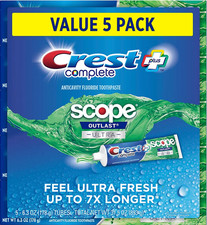 Crest Complete+Scope Outlast Ultra Toothpaste 5 Pack 6.3oz Fresh Mint Anticavity 0.70 per gallon