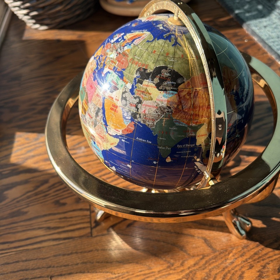 VTG 13” Blue Lapis Gemstone World Globe Gold Stand Semi Precious Inlay compass