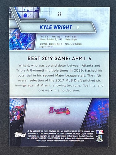 Kyle Wright RC 2019 Bowman's Best Purple /250 #27 Atlanta Braves - Bild 2 von 2