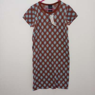 NEW Iets Frans Dress Urban Outfitters L Brown Blue Argyle Print Stretch 10 - 12