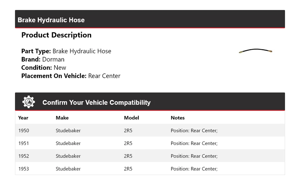 Для 1950-1953 Studebaker 2R5 Dorman тормоз гидравлический шланг задний центр 1951 1952 - Изображение 2 из 4