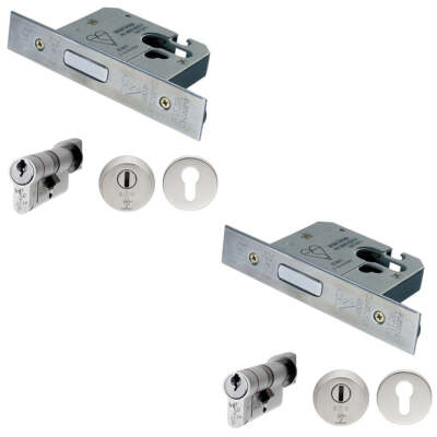 2x 76mm EURO Deadlock & Zylinderschlüssel Drehriegel Kit Satin Stahl Türschloss Pack